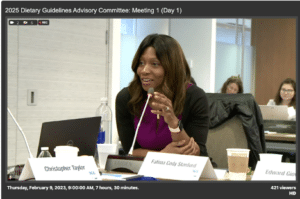 Dr. Fatima Cody Stanford addresses the 2025 Dietary Guidelines Advisory Committee during their first meeting on Feb. 9, 2023